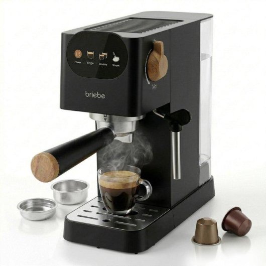 Cafetera Espresso Briebe Nordic 1,2L con pantalla táctil y 20 bares, vaporizador, cápsulas compatibles