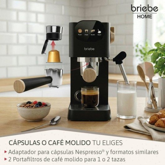 Cafetera Espresso Briebe Nordic 1,2L con pantalla táctil y 20 bares, vaporizador, cápsulas compatibles