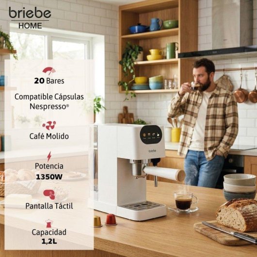 Cafetera Espresso Briebe Nordic 1,2L 20 Bares con espumador de leche y pantalla táctil