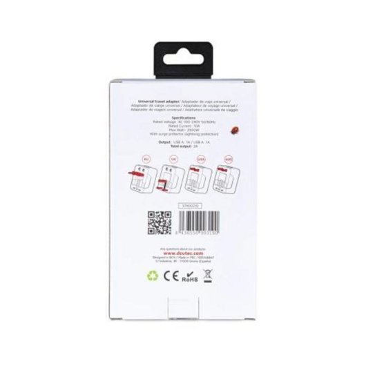Adaptador de viaje universal DCU Tecnologic con 4 enchufes internacionales y 2 puertos USB