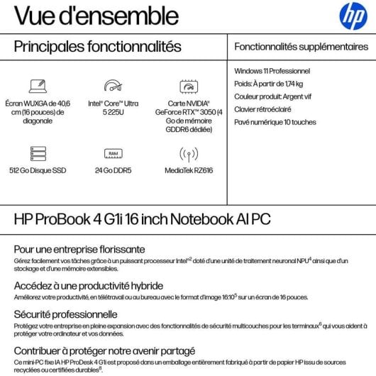 Ordinateur portable HP ProBook 4 G1i 16" Intel Core Ultra 5 225U 24GB 512GB SSD Intel Graphics Windows 11 Pro