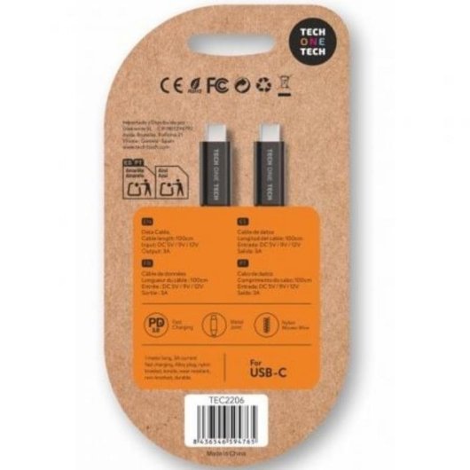 Cabo USB-C para USB-C Tech One Tech 1 m 60W Power Delivery 3A Preto