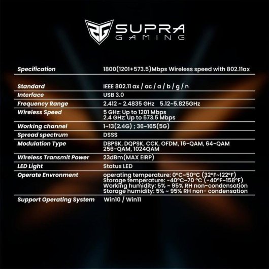 Adaptador USB Supra Gaming WD-AX1850C Wi-Fi 6 AX1800 Doble Banda