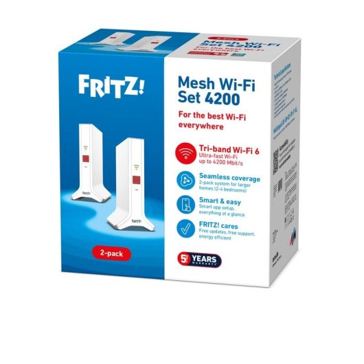 WiFi Mesh Fritz 2 Nœuds 4200 Mbps Couverture 4 Pièces Wi-Fi 6 LAN Gigabit