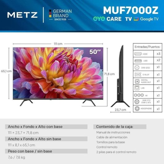 TV Metz LED 50MUF7000Z 50" 4K UltraHD 120Hz Smart TV Google TV HDR10 Dolby Atmos