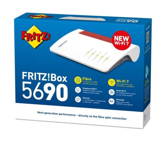 Router Fritz 5690 WiFi 7 GPON 5,76Gbps Dupla Banda Ethernet Vermelho Branco