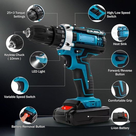 Taladro Atornillador Klack con Percusión 2 Baterías 25+3 Ajustes de Par