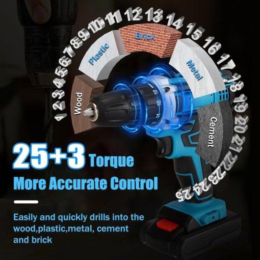 Taladro Atornillador Klack con Percusión 2 Baterías 25+3 Ajustes de Par