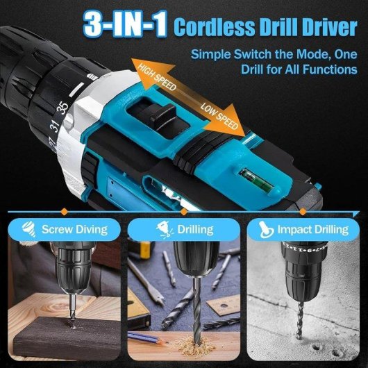 Taladro Atornillador Klack con Percusión 2 Baterías 25+3 Ajustes de Par