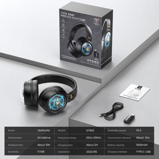 Auriculares Onikuma GT802 inalámbricos y con cable Bluetooth gaming con retroiluminación negra