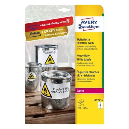 Etiqueta para impresora autoadhesiva Avery L4774-8 A4 Poliéster Laser Permanente