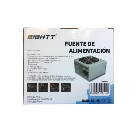Fonte de Alimentação Eightt EPS500 500W Certificação FCC CE Cinzento não modular
