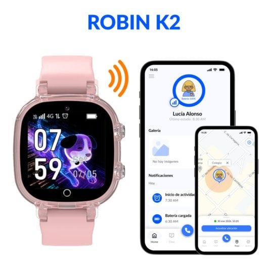 Robin K2 Reloj GPS para Niños con Llamadas y SIM Preactivada, Sin Redes Sociales Ni Juegos, Rosa