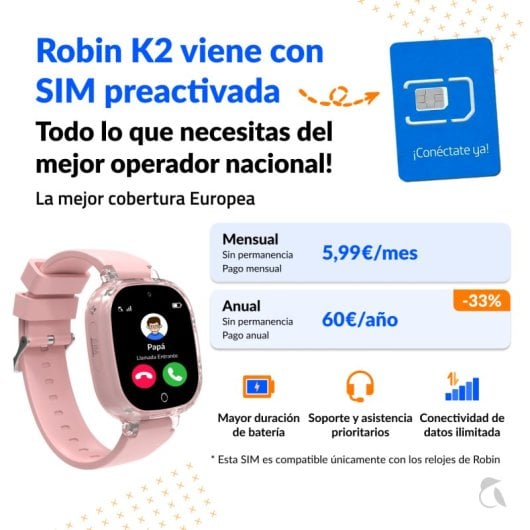 Robin K2 Reloj GPS para Niños con Llamadas y SIM Preactivada, Sin Redes Sociales Ni Juegos, Rosa