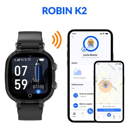 Robin K2 Reloj GPS para Niños con Llamadas y SIM Preactivada, Sin Redes Sociales Ni Juegos, Negro
