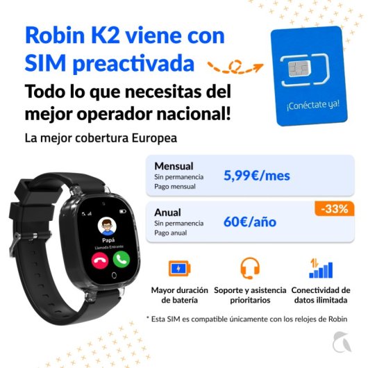 Robin K2 Reloj GPS para Niños con Llamadas y SIM Preactivada, Sin Redes Sociales Ni Juegos, Negro