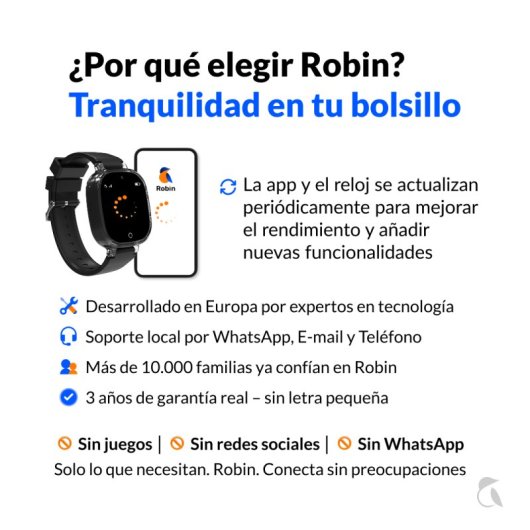 Robin K2 Reloj GPS para Niños con Llamadas y SIM Preactivada, Sin Redes Sociales Ni Juegos, Negro