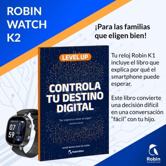 Robin K2 Reloj GPS para Niños con Llamadas y SIM Preactivada, Sin Redes Sociales Ni Juegos, Negro