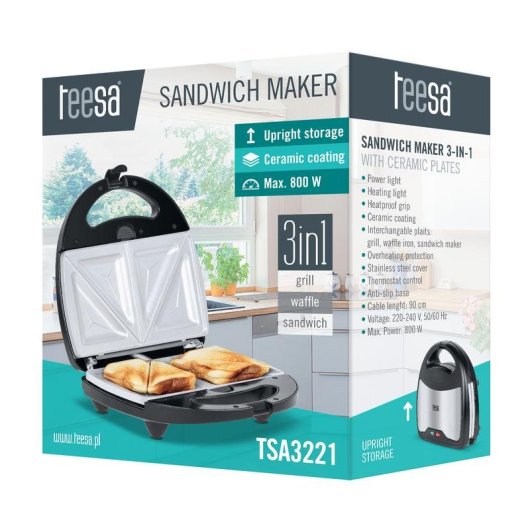 Sandwichera Teesa TSA3221 Nero Acciaio inossidabile 800 W