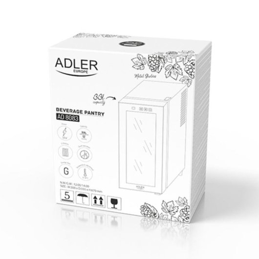 Nevera de vino termoeléctrique Adler AD 8083 12 bouteilles 50W Classe G Noir