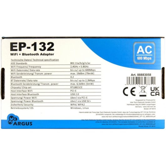 Tarjeta de Red Inter-Tech EP-132 PCI Express 600 Mbit/s Dual Band Wi-Fi Bluetooth 4.2
