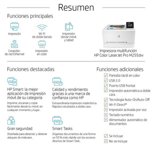 Impresora Láser Color Wi-Fi HP Color LaserJet Pro M255dw con impresión dúplex y pantalla táctil