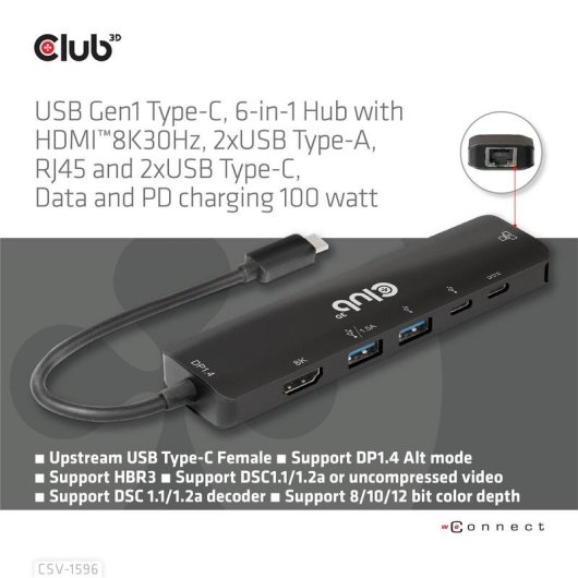 Base para portátil Club 3D CSV-1596 USB-C 100W 8K Ultra HD Negro