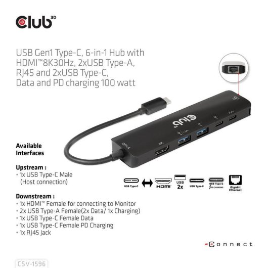 Base para portátil Club 3D CSV-1596 USB-C 100W 8K Ultra HD Negro