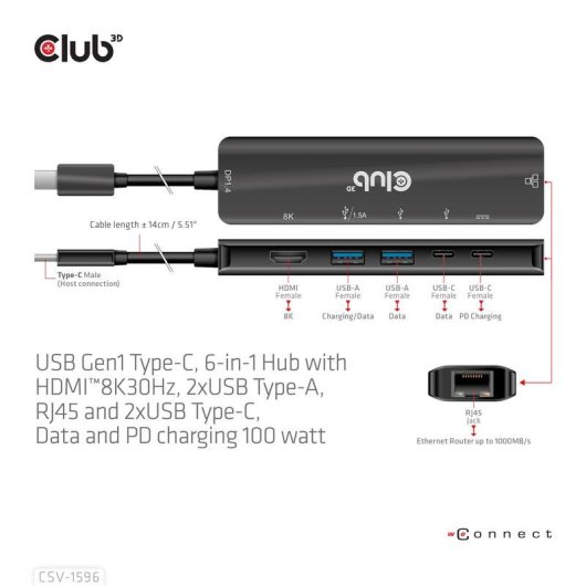 Base para portátil Club 3D CSV-1596 USB-C 100W 8K Ultra HD Negro