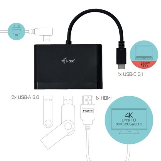 Adaptador USB-C a HDMI con Power Delivery i-TEC Travel Adapter PD/Data