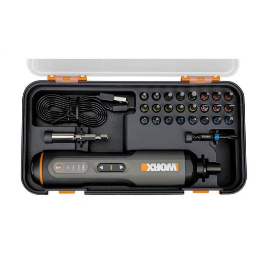 Destornillador eléctrico Worx 4V con 24 bits, mango recto y funda de transporte