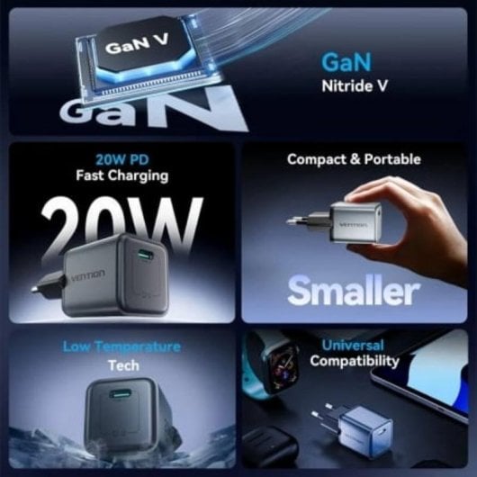 Cargador de Pared GaN Vention USB-C 20W Gris Antracita
