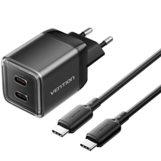 Cargador de Pared GaN Vention 2xUSB-C 45W + Cable USB-C 1m Negro