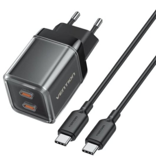 Cargador de Pared GaN Vention 2xUSB-C 45W + Cable USB-C 1m Negro