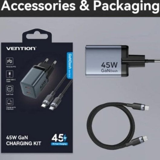 Cargador Pared GaN Vention TZ-FCDH0-EU 45W USB-C + Cable USB-C 1m