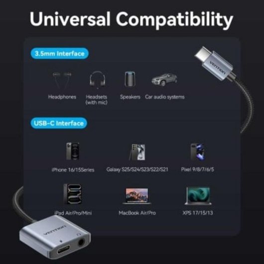 Adaptador Vention USB-C a Jack 3.5mm con Carga PD 60W