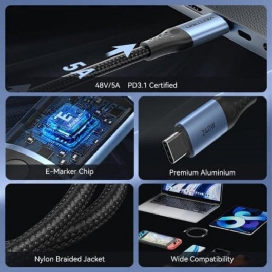 Cable USB-C a USB-C Vention TREBF 5A 240W 1m Negro y Azul
