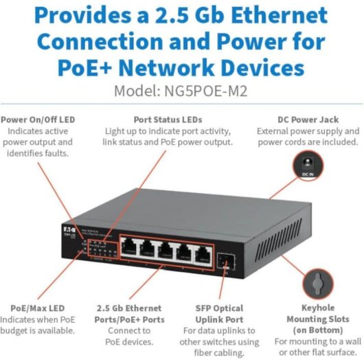 Conmutador Tripp Lite NG5POE-M2 5 Puertos 2.5 Gbps PoE+ 70W Metal