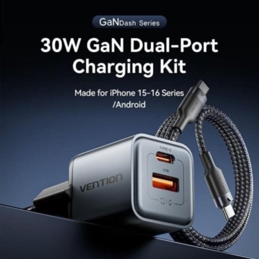 Wandladegerät GaN Vention TZ-FEWH0-EU 30W USB-C und USB-A Grau