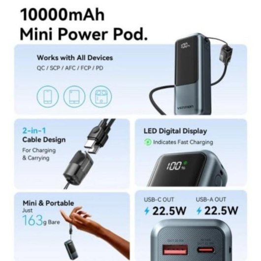 Powerbank Vention 10000mAh 22.5W Cinzento