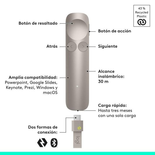 Logitech Spotlight 2 Comando Apresentações Bluetooth USB-C Dourado