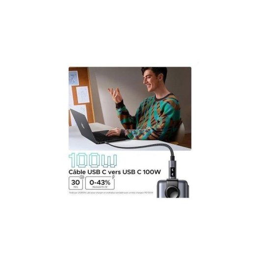 Cable USB-C a USB-C Ugreen 1 m 100W PD 3.0 E-Marker Gris Gunmetal