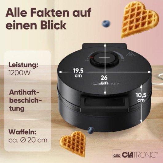 Gofrère Clatronic WA 3832, Surface Antiadhésive, 20 cm, 1200 W
