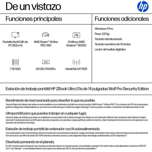 HP ZBook Ultra G1a Laptop 14" AMD Ryzen AI Max PRO 390 Radeon 8050S 64GB 1TB SSD Windows 11 Pro 2.8K Touch-Display