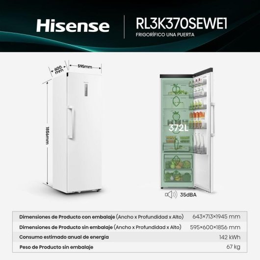 Frigorífico Una Puerta Hisense RL3K370SEWE1 No Frost 185,6cm 372L E Blanco WiFi