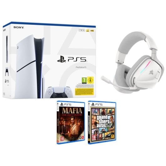 Sony Playstation 5 Slim Chasis E + MAFIA The Old Country + GTA V +  Corsair Void V2 Auriculares Gaming Inalámbricos Dolby Atmos Blancos