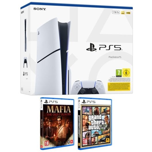 Sony Playstation 5 Slim Chasis E + MAFIA The Old Country + GTA V +  Corsair Void V2 Auriculares Gaming Inalámbricos Dolby Atmos Blancos