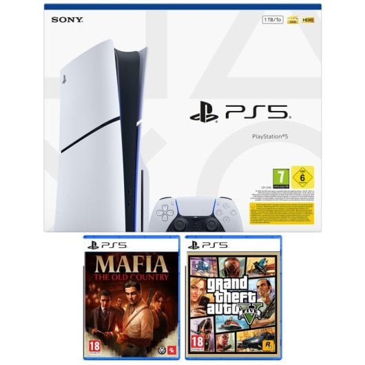 Sony Playstation 5 Slim Chasis E + MAFIA The Old Country + GTA V +  Corsair Void V2 Auriculares Gaming Inalámbricos Dolby Atmos Blancos
