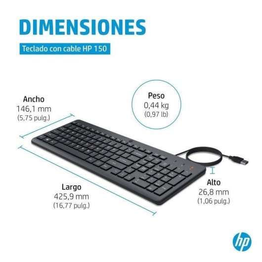 Teclado HP 150 alámbrico completo USB tipo A negro con teclado numérico