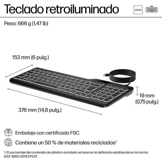Teclado HP 400 alámbrico negro retroiluminado con 12 teclas programables
